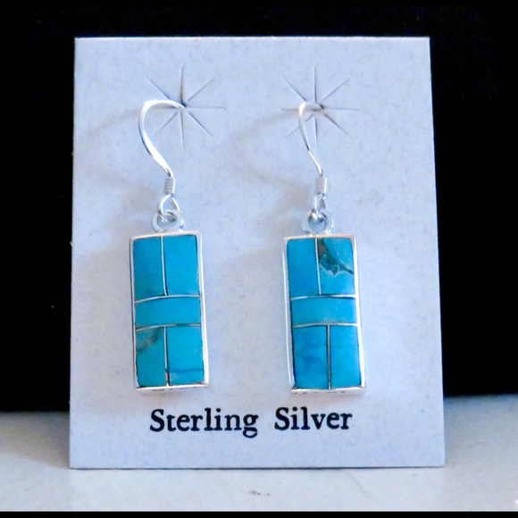 Sterling Silver Inlay Turquoise Dangle Earrings - Picture 2 of 3